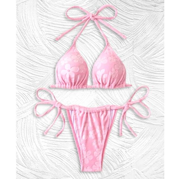 New Large Pink Velour Velvet Daisy Print Side Tie‎ Triangle Bikini Swimsuit Y2k - Picture 1 of 3